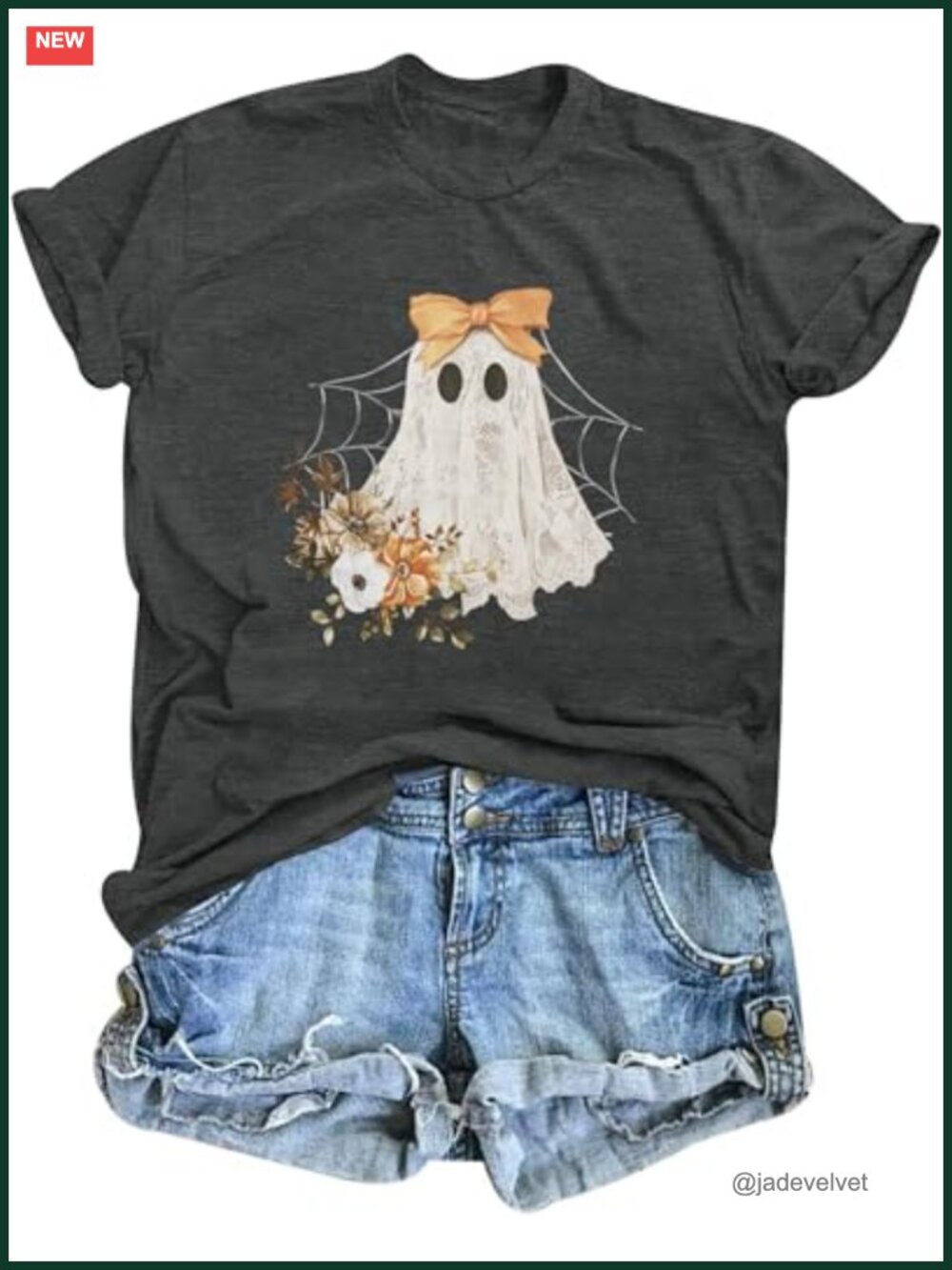 Women's Halloween Ghost Graphic T-Shirt Bow Cute Spooky Short Sleeve Tee